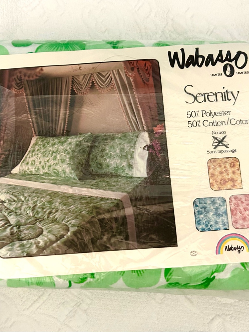 Vintage Wabasso Queen Sheet Set Cotton Poly Green & White Floral - Picture 3 of 5